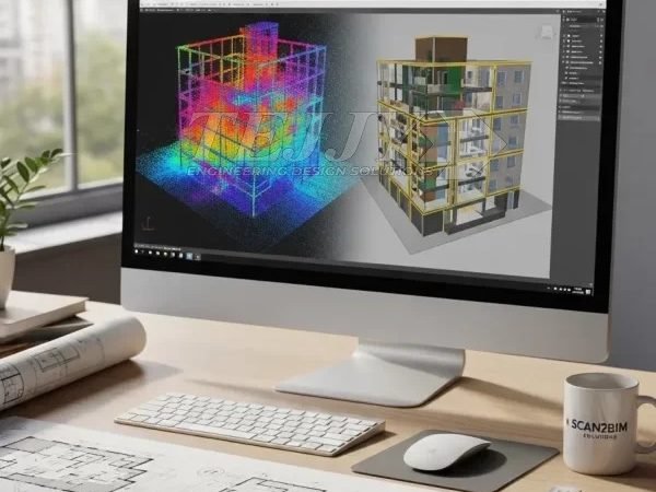 Building model shown as a point cloud beside its BIM version on a design workstation